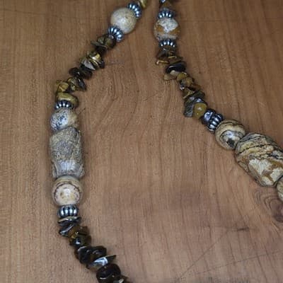 Handmade Tiger’s Eye & Picture Jasper Beaded Necklace | Earth Tone Stone Jewelry - Thumbnail 4