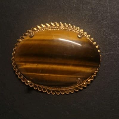 Large Vintage 1970s Tiger's Eye Gemstone Brooch - 2 Inch Gold Tone - Thumbnail 3