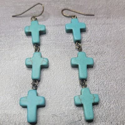 Turquoise Howlite Cross Dangle Earrings Boho Western 3 Tier Long Drop 3.5" - Image 1