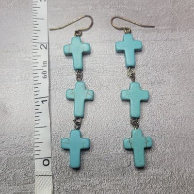 Turquoise Howlite Cross Dangle Earrings Boho Western 3 Tier Long Drop 3.5" - Thumbnail 2