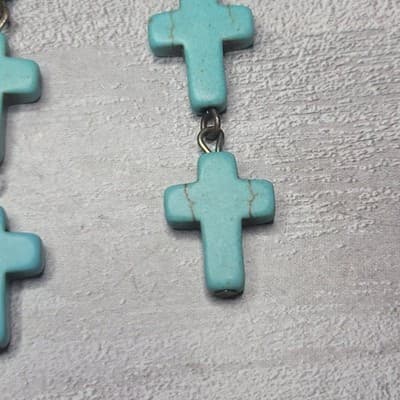 Turquoise Howlite Cross Dangle Earrings Boho Western 3 Tier Long Drop 3.5" - Thumbnail 4