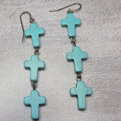 Turquoise Howlite Cross Dangle Earrings Boho Western 3 Tier Long Drop 3.5" - Thumbnail 3