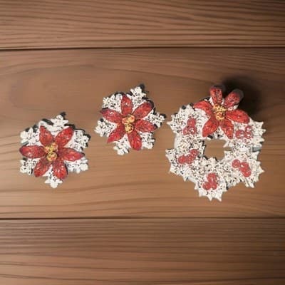 Vintage Christmas Red Poinsettia Brooch Pin Clip-On Earrings Demi - Image 1