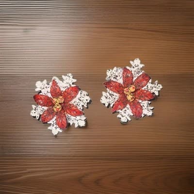 Vintage Christmas Red Poinsettia Brooch Pin Clip-On Earrings Demi - Thumbnail 4