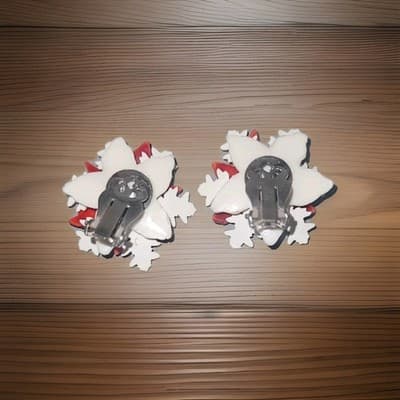 Vintage Christmas Red Poinsettia Brooch Pin Clip-On Earrings Demi - Thumbnail 5