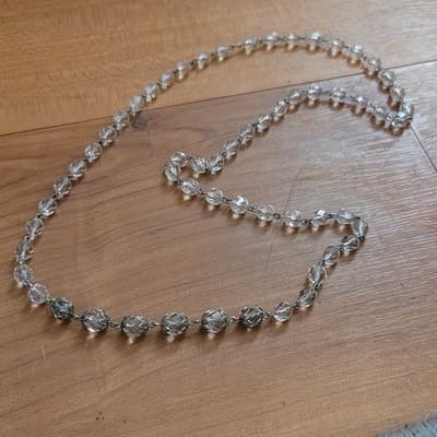 Vtg Art Deco Clear Faceted Crystal Glass Bead Necklace Ornate Filigree Pool Lite - Image 1