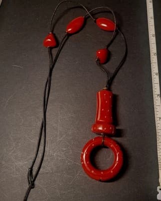 Vintage Carved Cherry Amber Bakelite Necklace Abstract Mid Century Modernist - Image 1