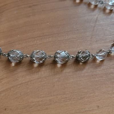 Vtg Art Deco Clear Faceted Crystal Glass Bead Necklace Ornate Filigree Pool Lite - Thumbnail 5