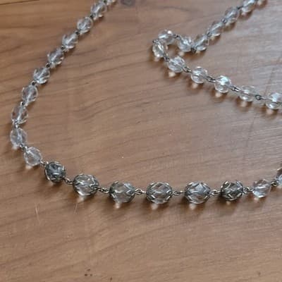 Vtg Art Deco Clear Faceted Crystal Glass Bead Necklace Ornate Filigree Pool Lite - Thumbnail 3