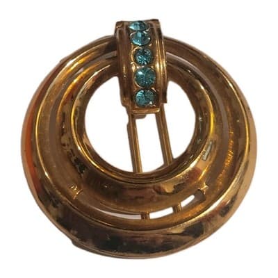 Vintage Coro MCM Gold Tone Circle Brooch Blue Rhinestone Mid Century - Image 1