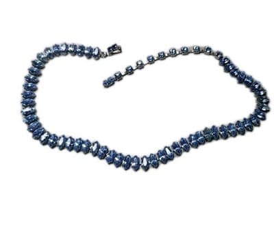 Vintage Blue Rhinestone Tennis Necklace 14–15” Silver Tone Marquise Round Choker