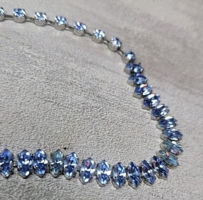 Vintage Blue Rhinestone Tennis Necklace 14–15” Silver Tone Marquise Round Choker - Thumbnail 6