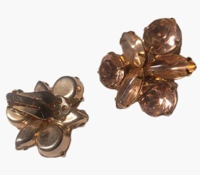 Vintage Garné Clip On Earrings Round & Navette Pink Faceted Rhinestones Gold - Thumbnail 3
