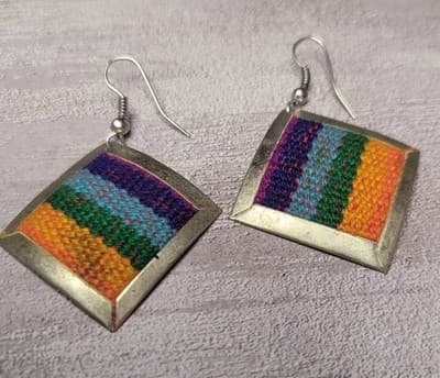 Handmade Peruvian Aguayo Fabric Dangle Earrings Alpaca Silver Tone Boho Ethnic - Image 1