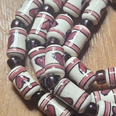 Handmade Ceramic Heart Bead Necklace | Folk Art Style | Barrel Beads | - Thumbnail 3