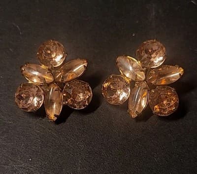 Vintage Garné Clip On Earrings Round & Navette Pink Faceted Rhinestones Gold - Thumbnail 4