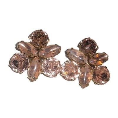 Vintage Garné Clip On Earrings Round & Navette Pink Faceted Rhinestones Gold - Image 1