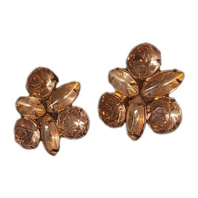 Vintage Garné Clip On Earrings Round & Navette Pink Faceted Rhinestones Gold - Thumbnail 2