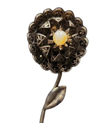 Vintage Gold Tone Filigree Flower Brooch Faux Pearl Stem Floral Pin - Thumbnail 4