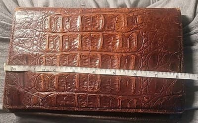 Vintage Crocodile Embossed Leather Wallet Clutch Brown Accordion Interior - Thumbnail 6