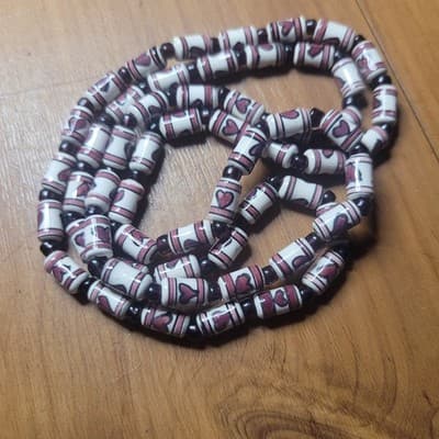 Handmade Ceramic Heart Bead Necklace | Folk Art Style | Barrel Beads | - Thumbnail 5