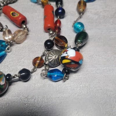 Vtg.Glass & Metal Beaded Lamp Work Multicolored Murano Beads Necklace - Thumbnail 3