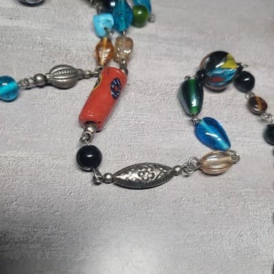 Vtg.Glass & Metal Beaded Lamp Work Multicolored Murano Beads Necklace - Thumbnail 9