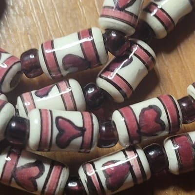 Handmade Ceramic Heart Bead Necklace | Folk Art Style | Barrel Beads | - Thumbnail 4