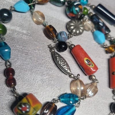 Vtg.Glass & Metal Beaded Lamp Work Multicolored Murano Beads Necklace - Thumbnail 5