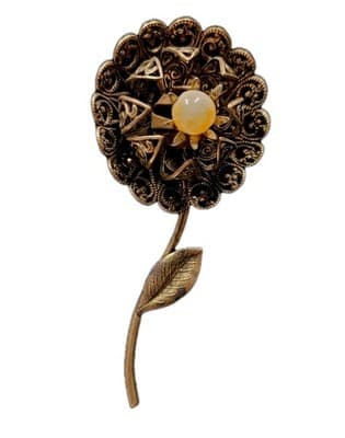 Vintage Gold Tone Filigree Flower Brooch Faux Pearl Stem Floral Pin - Image 1
