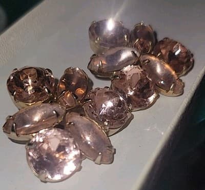 Vintage Garné Clip On Earrings Round & Navette Pink Faceted Rhinestones Gold - Thumbnail 9