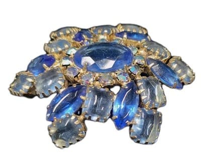 Vintage Aurora Borealis Blue Rhinestone Domed Flower Brooch Pin - Image 1