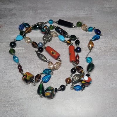 Vtg.Glass & Metal Beaded Lamp Work Multicolored Murano Beads Necklace - Image 1