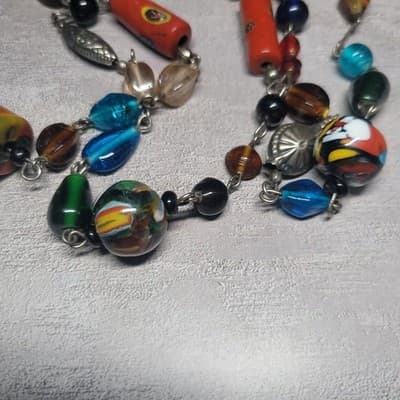 Vtg.Glass & Metal Beaded Lamp Work Multicolored Murano Beads Necklace - Thumbnail 2