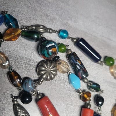 Vtg.Glass & Metal Beaded Lamp Work Multicolored Murano Beads Necklace - Thumbnail 12