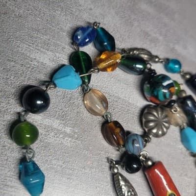 Vtg.Glass & Metal Beaded Lamp Work Multicolored Murano Beads Necklace - Thumbnail 7