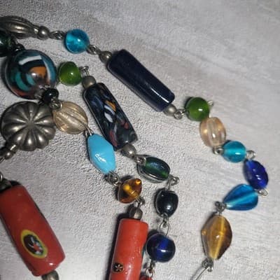 Vtg.Glass & Metal Beaded Lamp Work Multicolored Murano Beads Necklace - Thumbnail 11