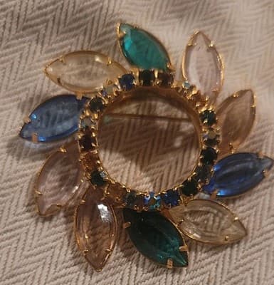 Vintage Rhinestone Wreath Brooch Blue Green Navette Stones Gold Tone Julianna... - Image 1