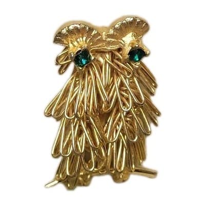 Vintage Direction One Owl Brooch Gold Tone Wire Feather Green Rhinestone Eyes - Image 1
