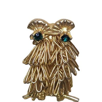 Vintage Direction One Owl Brooch Gold Tone Wire Feather Green Rhinestone Eyes - Thumbnail 3