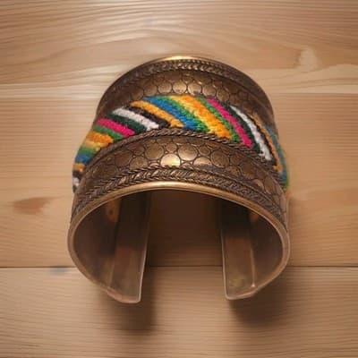 Vintage Bohemian Brass Cuff Bracelet Rainbow Thread Wrap Tribal Boho - Thumbnail 4