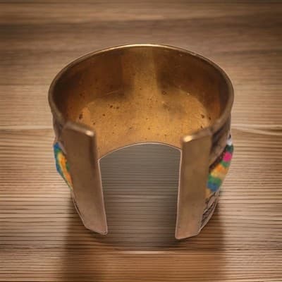 Vintage Bohemian Brass Cuff Bracelet Rainbow Thread Wrap Tribal Boho - Thumbnail 2