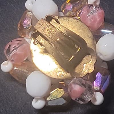 Vintage West Germany Pink Crystal & White Glass Bead Cluster Clip-On Earrings - Thumbnail 3