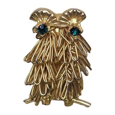 Vintage Direction One Owl Brooch Gold Tone Wire Feather Green Rhinestone Eyes - Thumbnail 2