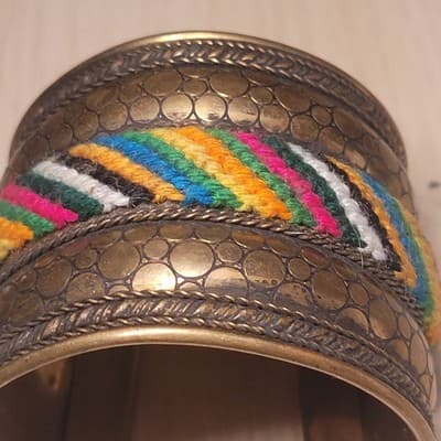 Vintage Bohemian Brass Cuff Bracelet Rainbow Thread Wrap Tribal Boho - Image 1