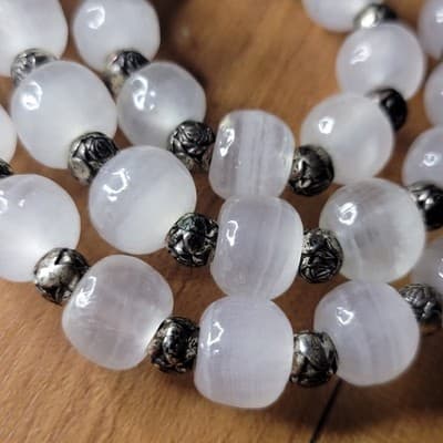 Natural White Satin Spar Selenite Nugget Bead Necklace Metal Spacers - Thumbnail 8
