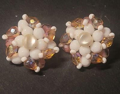 Vintage West Germany Pink Crystal & White Glass Bead Cluster Clip-On Earrings - Image 1