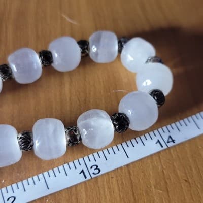 Natural White Satin Spar Selenite Nugget Bead Necklace Metal Spacers - Thumbnail 4