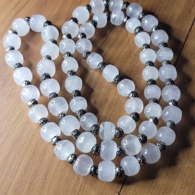 Natural White Satin Spar Selenite Nugget Bead Necklace Metal Spacers - Image 1