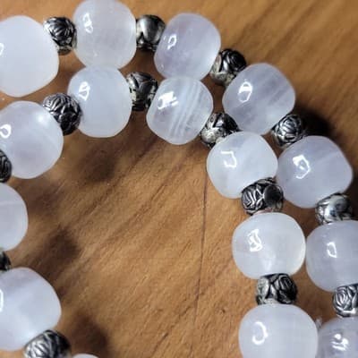 Natural White Satin Spar Selenite Nugget Bead Necklace Metal Spacers - Thumbnail 10